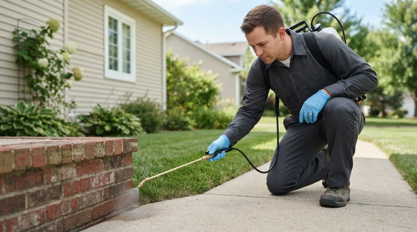 Pest control technician treating a home near Grawn, MI