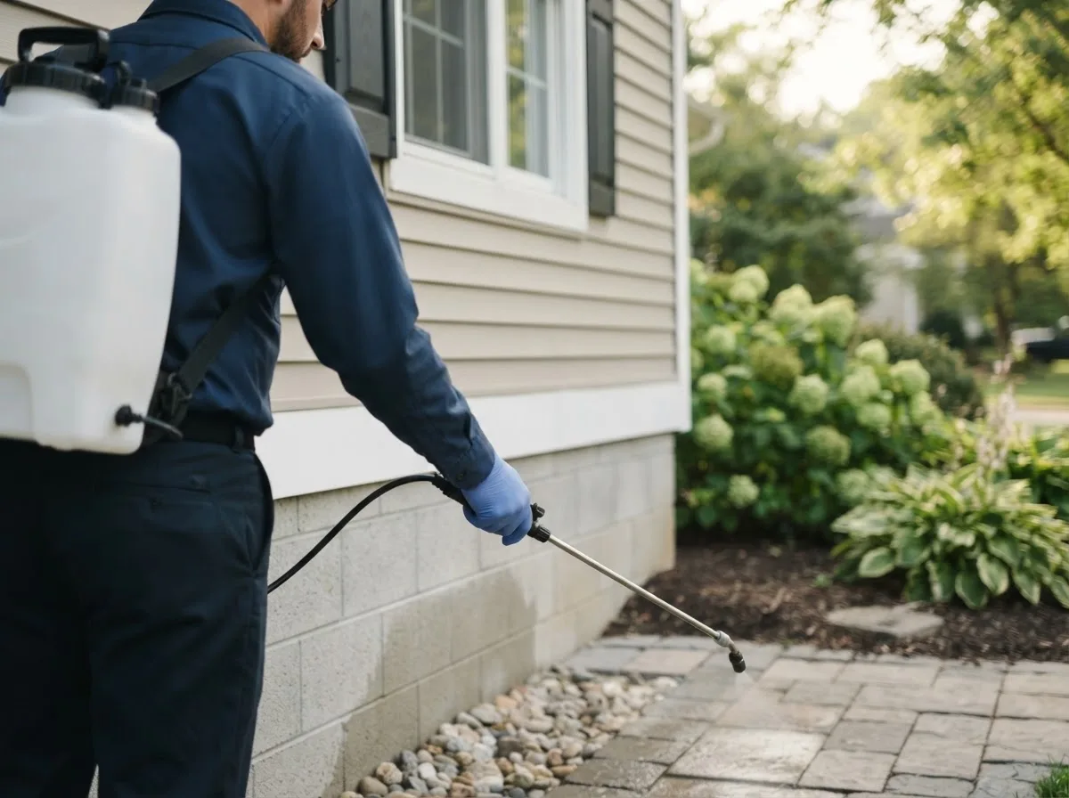 Pest control technician inspecting a home in Grawn, MI
